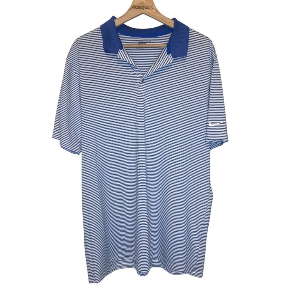 NIKE Golf Dr Fit Blue White Striped Short Sleeve Polo